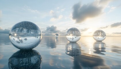 Four glass spheres rest on calm water reflecting the sky