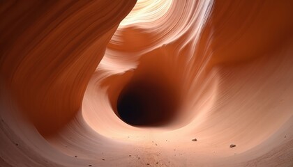 Sandstone cave interior view with smooth, flowing lines, deep dark opening. Natural rock formation of curve arch with sandy bottom and shadow play. Adventure concept.