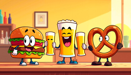 Glass of beer, burger, and cheerful anthropomorphic pub food characters having fun behind the bar