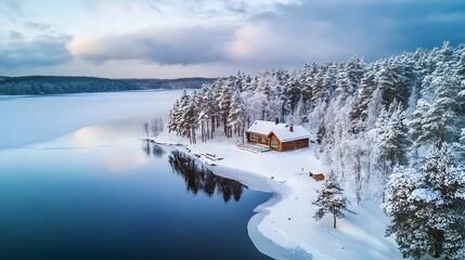 Serene Snowy Landscape with Cozy Cabin and Reflective Frozen Lake in Sweden s Scenic Wilderness