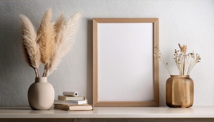 White Modern Interior 3D Rendering Elegant Workspace Enhanced by Pampas Grass and Decorative Elements, Showcasing a Contemporary Minimalist Ambiance with an Emphasis on Luxury and Style.