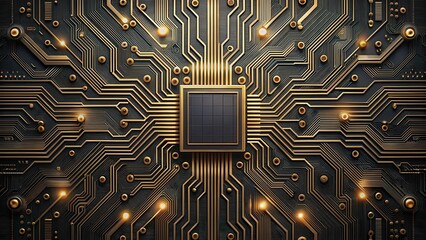 Abstract Gold and Black Circuit Board Design A Detailed Close-Up View of Intricate Pathways and Connections