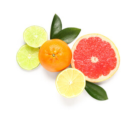 Different tasty citrus fruits isolated on white background