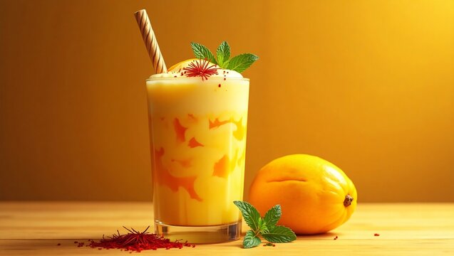 A vibrant mango-saffron milkshake with swirling yellow and orange hues, topped with saffron threads and creamy foam, set against a golden-brown wooden background, exuding energy and freshness.