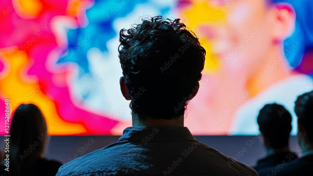 Poster people observe a vibrant presentation at a conference hall during an engaging tech event, back view 