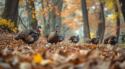 Obraz premium A group of turkeys foraging in a forest, surrounded by fallen leaves and natural foliage