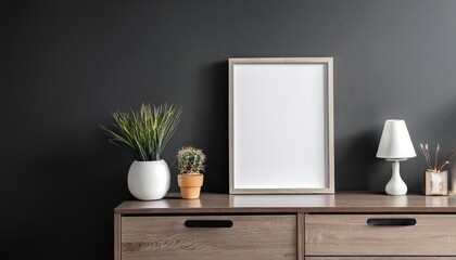 Mockup Frame on Dark Cabinet in Living Room Interior Against an Empty Wall Backdrop at Dusk, Offering a Minimalist yet Elegant Atmosphere