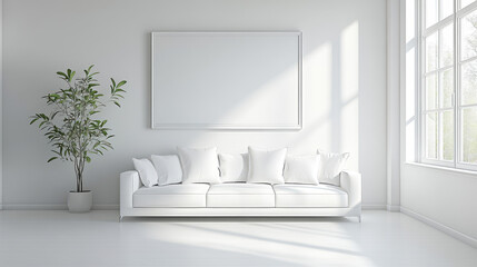 A white living room with a sofa and a window. Minimalist interior design of a modern hom