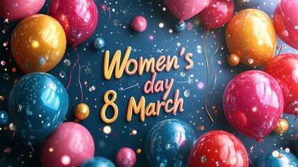 Colorful Air "Women's Day 8 March" written on a playful and colorful balloon design, brightening up the card while allowing space for messages.