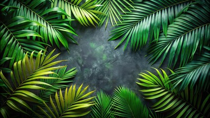 Fototapeta premium Lush Tropical Foliage Arranged in a Circular Frame on a Dark Background, Ideal for Summer Designs and Projects, Evoking Sensations of Relaxation and Warmth