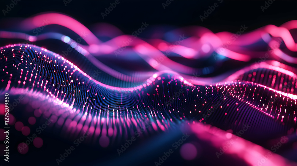 Poster abstract neon light pattern with dynamic wave motion for digital technology concept