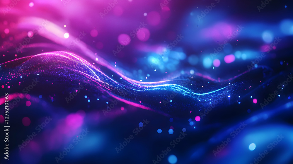 Poster abstract glowing particles wave background with blurred bokeh effect and vibrant colors