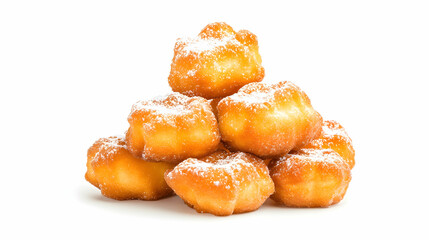 Delicious fried dough pastries, powdered sugar, white background, food photography
