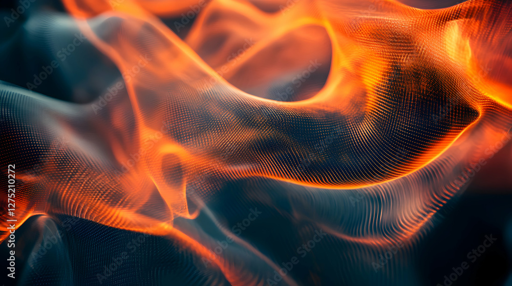 Poster abstract waveform grid background with dynamic glowing orange particles on dark backdrop