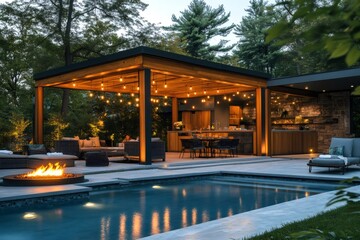 Modern backyard with illuminated pergola, pool and outdoor kitchen during evening