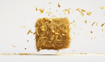 A floating hay bale surrounded by scattered straw particles on a clean white background