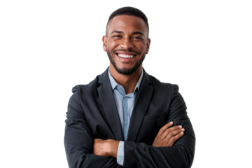 Portrait of a confident African businessman in suit, smiling nicely, isolated on transparent background
