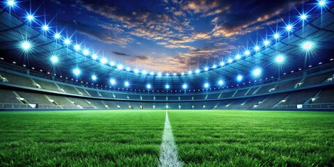 Naklejka premium Night's macro lens captures championship detail: vibrant green grass under blue spotlights.