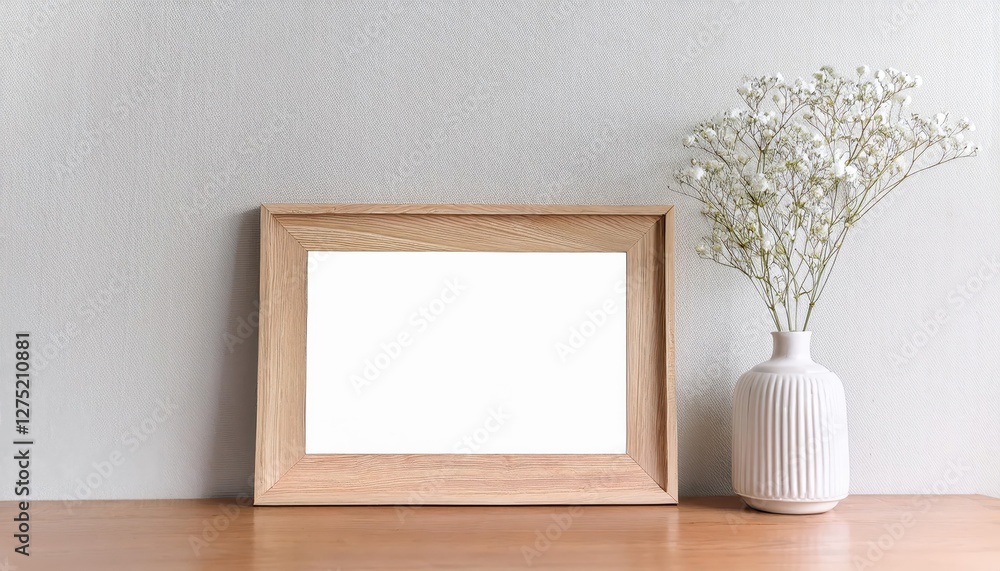 Poster rustic charm wooden picture frame displaying a minimalist flower vase amidst the warmth of a rustic 