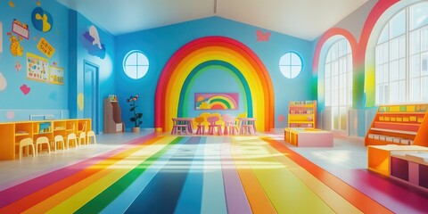 Brightly Colored Room with Piano and Rainbow