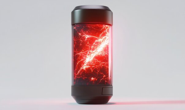 A futuristic energy canister glowing with red lightning patterns against a minimalistic background