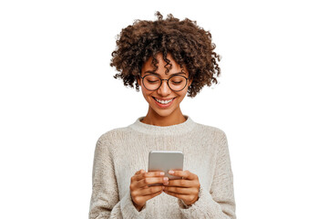 Beautiful African American woman using smartphone for texting someone, smiling, isolated on transparent background