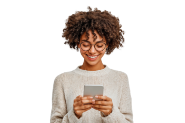 Beautiful African American woman using smartphone for texting someone, smiling, isolated on transparent background