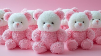 Pink teddy bears group, pink background, studio shot, adorable plush toys