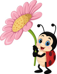 Cartoon a happy ladybug holding a pink daisy flower