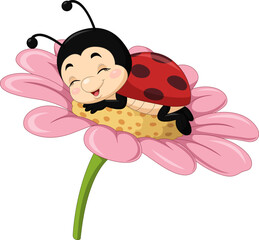 Cartoon cute little ladybug sleeping on pink daisy flower