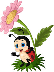 Cartoon little ladybug sitting under daisy flower