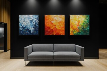 Gallery-design living room, gray sofa, square paintings, 3D.