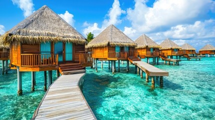 Fototapeta premium Luxury Overwater Bungalows with Clear Turquoise Water and Blue Sky
