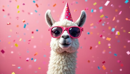 Funny llama wears pink sunglasses, party hat. Surrounded by colorful confetti against vibrant pink backdrop. Fluffy happy animal celebrate holiday. Perfect for kids birthday celebration.