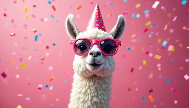 Funny llama wears pink sunglasses, party hat. Surrounded by colorful confetti against vibrant pink backdrop. Fluffy happy animal celebrate holiday. Perfect for kids birthday celebration.
