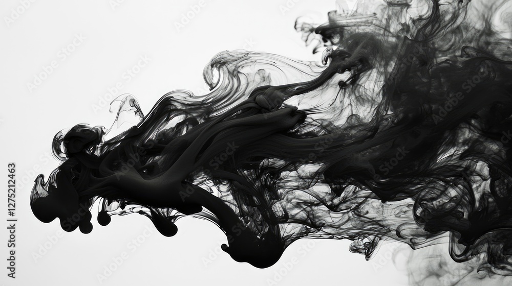 Poster black ink flowing in water creating abstract swirling patterns
