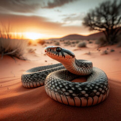 Fototapeta premium A snake resting in the desert during a cool evening