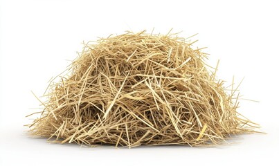 A large mound of straw resting on a white background, symbolizing agriculture and nature