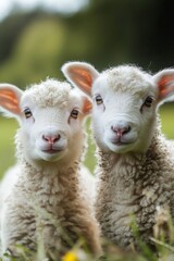 Obraz premium Two adorable lambs posing in the green grass