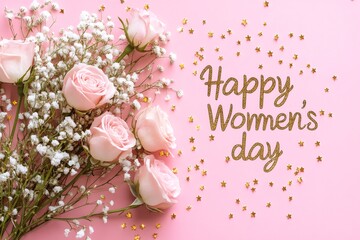 Pink roses and golden confetti celebrating Happy Women's Day on pink background