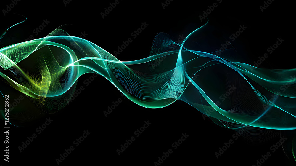 Poster elegant abstract flow with dynamic teal and green waves on dark background