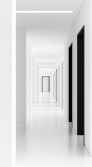 Obraz premium Long white corridor, black doors, perspective, modern office