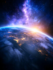 Fototapeta premium Earthrise over North America at night, space background, cosmic view, for science education