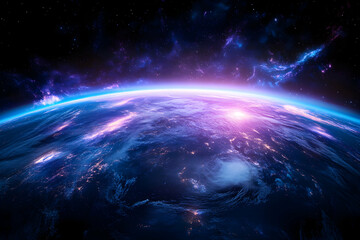 Fototapeta premium Earthrise, cosmic sunrise, nebula background, space exploration