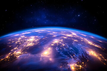 Fototapeta premium Earth at night, city lights, space view, global illumination, travel poster