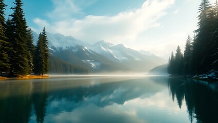 Serene Lake Amidst Snow-Capped Peaks and Lush Fir Forests