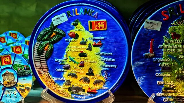 Close up shot of Sri Lankan plates in a souvenir shop in Ella, Badulla District of Uva Province, Sri Lanka