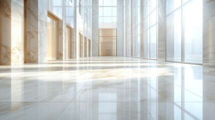 Obraz premium Sunlit marble lobby; city view; modern interior; spacious design; architectural photography