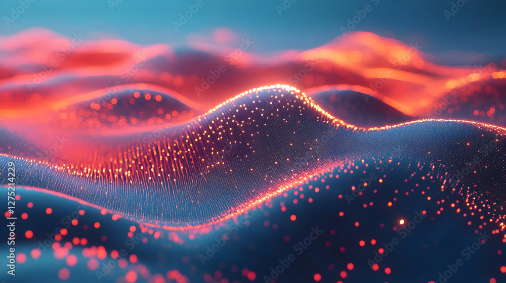 Aufkleber abstract data landscape with flowing particle waves in fiery orange and deep blue