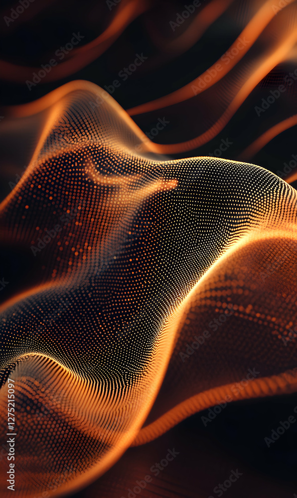 Poster dynamic abstract waveform visualization with glowing dots creating smooth futuristic curves